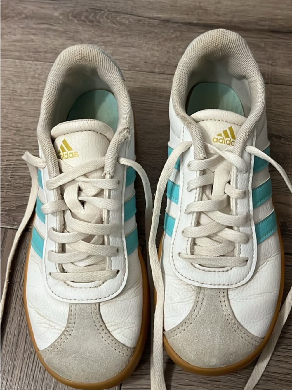 Adidas White Sambas with Aqua Stripes